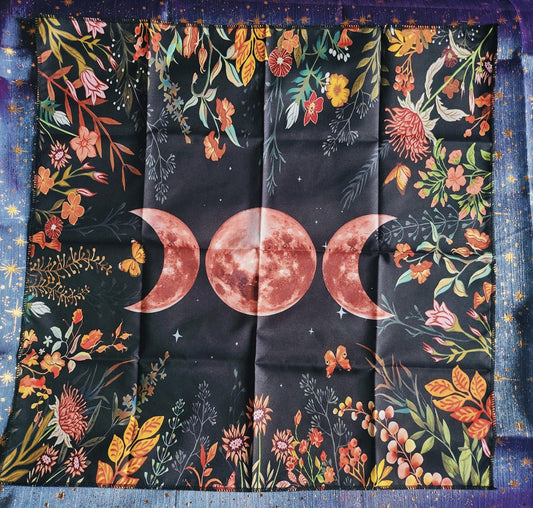 Red Triple Moon Altar Cloth with Floral Design for Spellwork and Divination