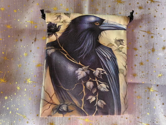 Vintage Roses & Ravens Tarot Bag – Drawstring Pouch for Crystals, Runes, Charms & Dice