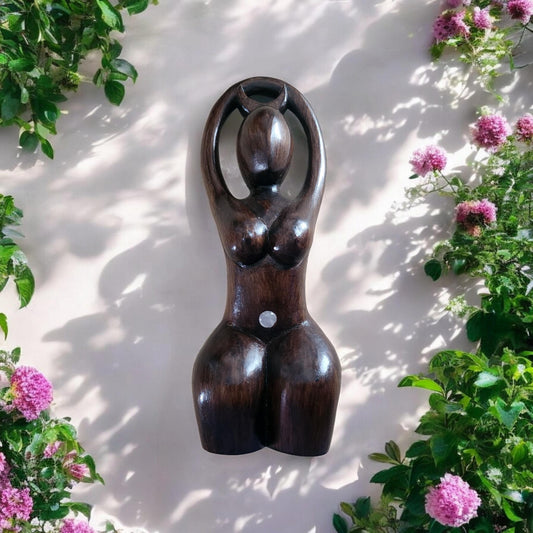 Rose Quartz Goddess Statue – Handcrafted Wooden Divine Feminine Figurine for Healing & Intuition