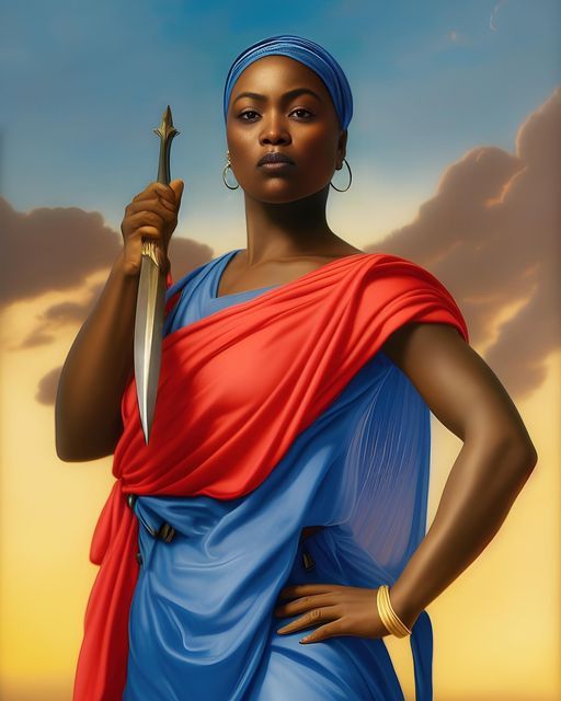 Woman in blue and red garment holding a spear against a sunset sky